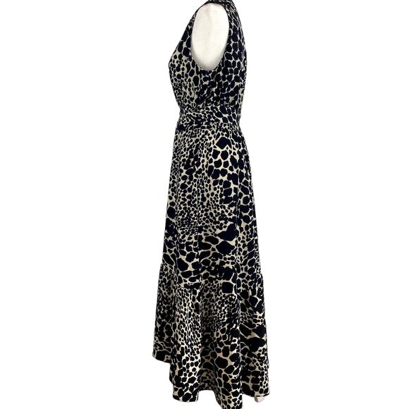 Leopard Animal Print Midi Wrap Dress Womens S Ruffle Hem Sleeveless Fall Neutral - Picture 8 of 14